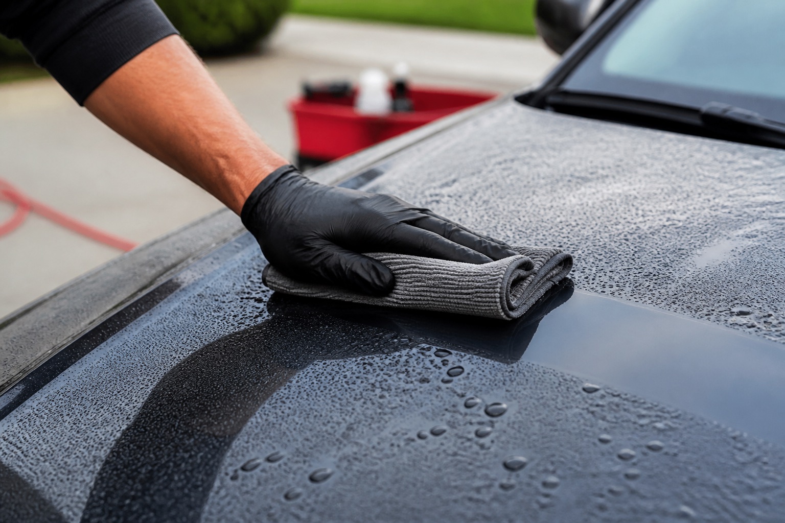A professional detailer using a synthetic clay towel during paint decontamination