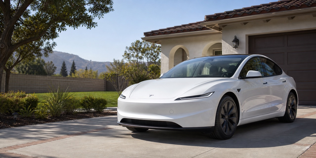A clean white sedan parked in a Southern California driveway