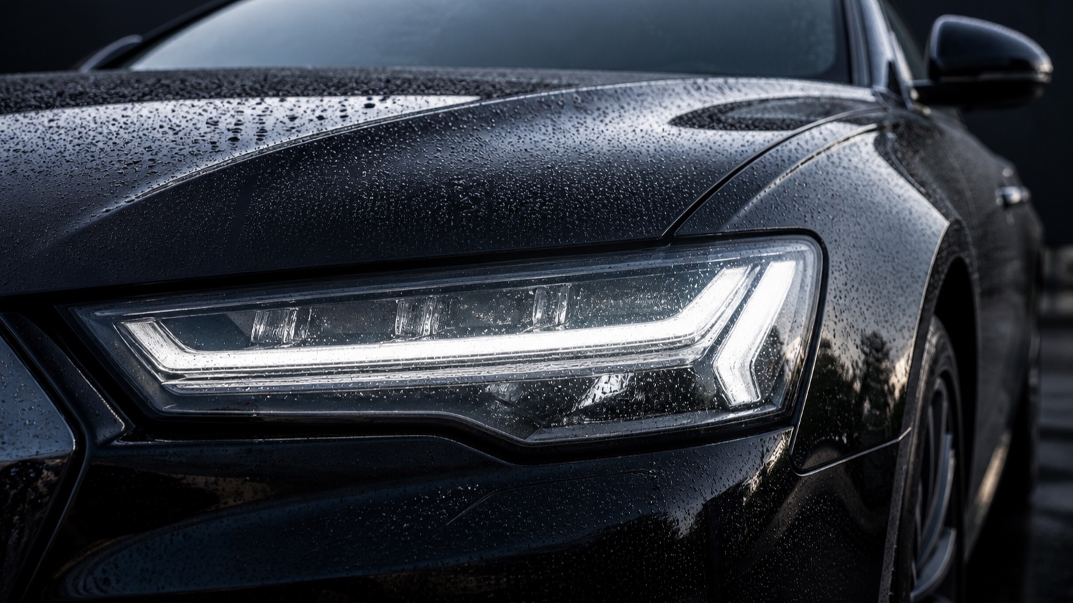 Detailed black car headlight and water-beaded paint