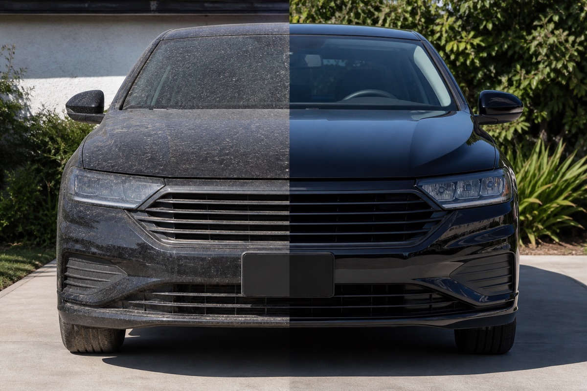 Exterior cleaning service example shown before and after detailing