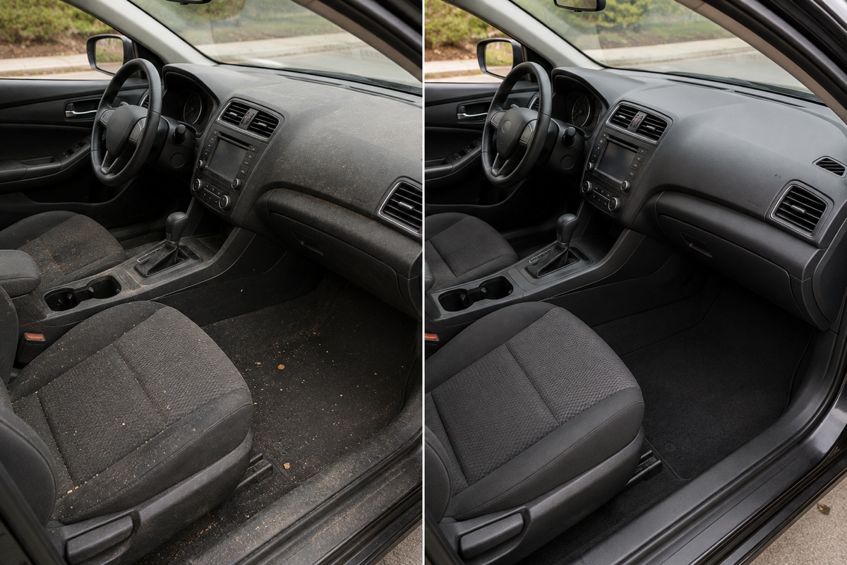 Interior cleaning service example shown before and after detailing