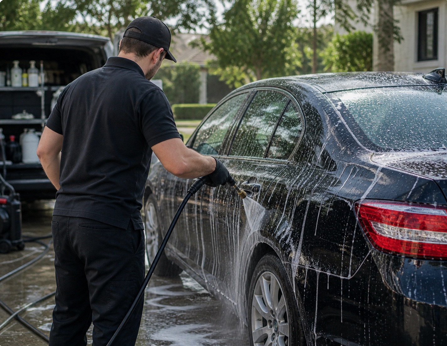 A mobile detailer rinsing a dark sedan in a residential driveway